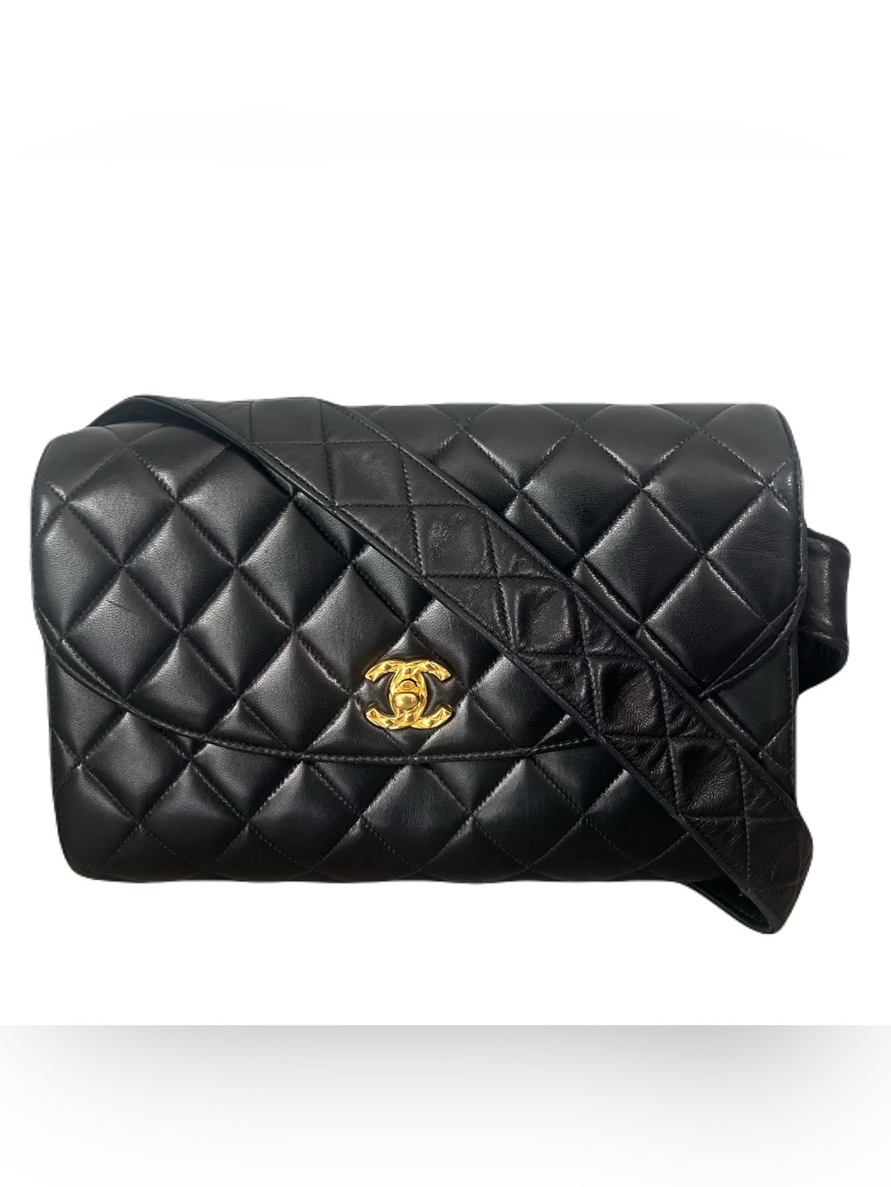 CHANEL Black Quilted Lambskin Shoulder Bag with Gold CC Twist Lock